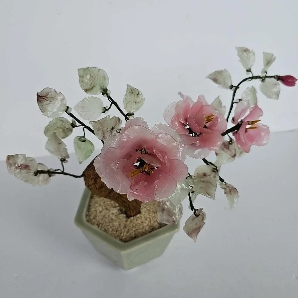 Vintage Chinese Glass Bonsai Tree Pink Cherry Blossom Celadon Pot Chinoiserie